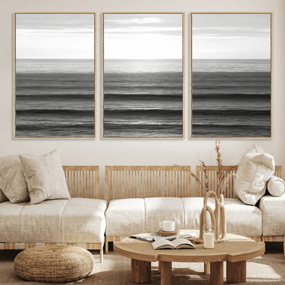 47305203-MGV-FC-60X30-3P_Natural-Monochrome Ocean Wall Art Canvas Print, Framed Moody Ocean Art Picture Print, Calm Ocean Perfect Minimalist Coastal Decor Artwork