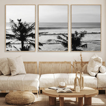 17508038-MGV-FC-60X30-3P_Natural-Tropical Coastline Wall Art Canvas Print, Framed Palm Trees Art Picture Print, Ocean Waves Perfect Minimalist Coastal Decor