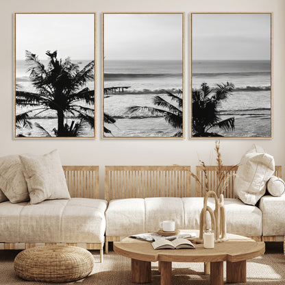 17508038-MGV-FC-60X30-3P_Natural-Tropical Coastline Wall Art Canvas Print, Framed Palm Trees Art Picture Print, Ocean Waves Perfect Minimalist Coastal Decor