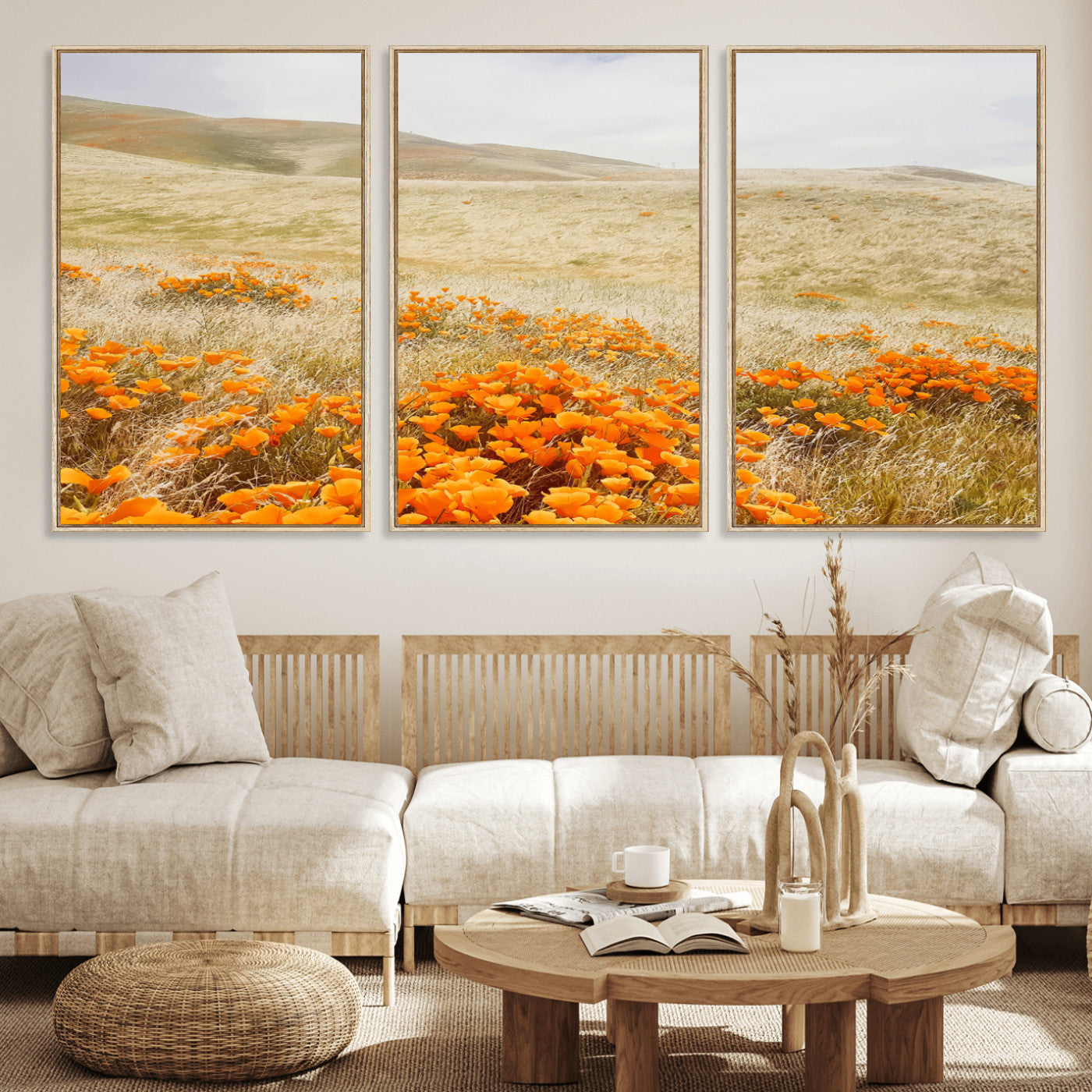 28972262-MGV-CV-36X24-Golden Wildflowers Wall Art Canvas Print, Framed Hills Bloom Art Picture Print, Poppy Meadow Perfect Rustic Nature Decor Artwork