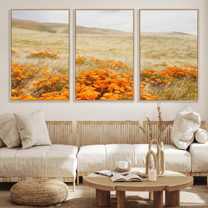 28972262-MGV-CV-36X24-Golden Wildflowers Wall Art Canvas Print, Framed Hills Bloom Art Picture Print, Poppy Meadow Perfect Rustic Nature Decor Artwork