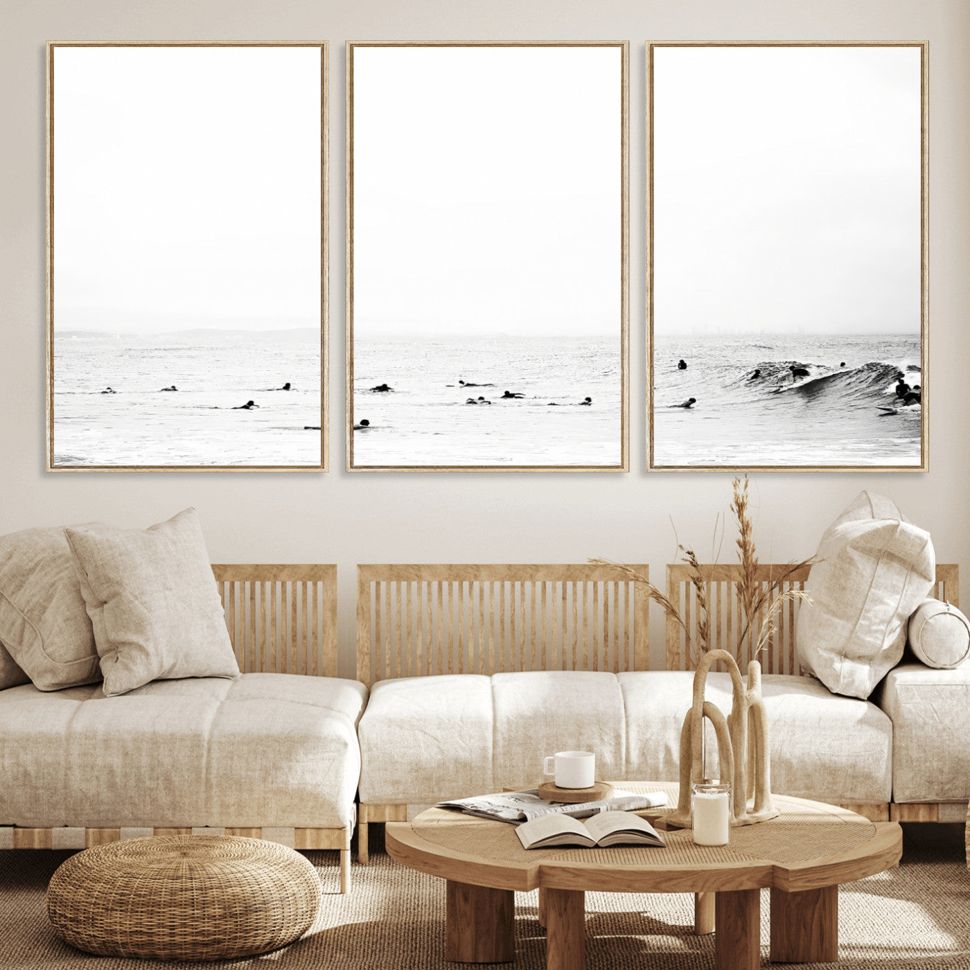 38441169-MGV-FC-60X30-3P_Natural-Monochrome Swimming Wall Art Canvas Print, Framed Ocean Horizon Art Picture Print, Moody Coastal Perfect Minimalist Coastal Decor