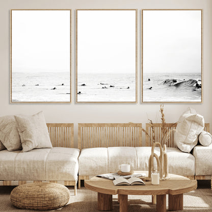 38441169-MGV-FC-60X30-3P_Natural-Monochrome Swimming Wall Art Canvas Print, Framed Ocean Horizon Art Picture Print, Moody Coastal Perfect Minimalist Coastal Decor