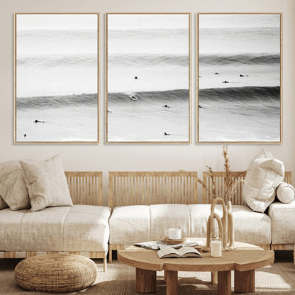54291445-MGV-FC-60X30-3P_Natural-Black White Ocean Wall Art Canvas Print, Framed Coastal Sport Art Picture Print, Ocean Culture Perfect Minimalist Coastal Decor
