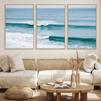 73692470-MGV-FC-60X30-3P_Natural-Ocean Swell Wall Art Canvas Print, Framed Surf Waves Art Picture Print, Blue Water Perfect Coastal Dynamic Decor Artwork
