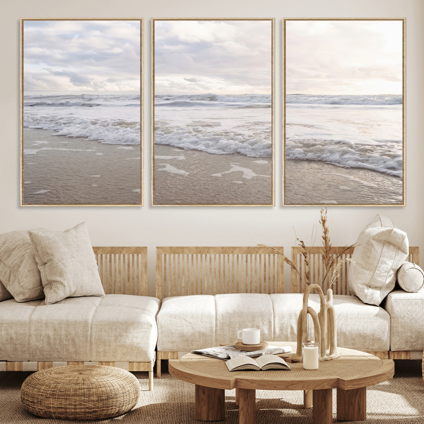 70596264-MGV-FC-60X30-3P_Natural-Ocean Waves Wall Art Canvas Print, Framed Coastal Shoreline Art Picture Print, Sea Foam Perfect Coastal Minimalist Decor Artwork