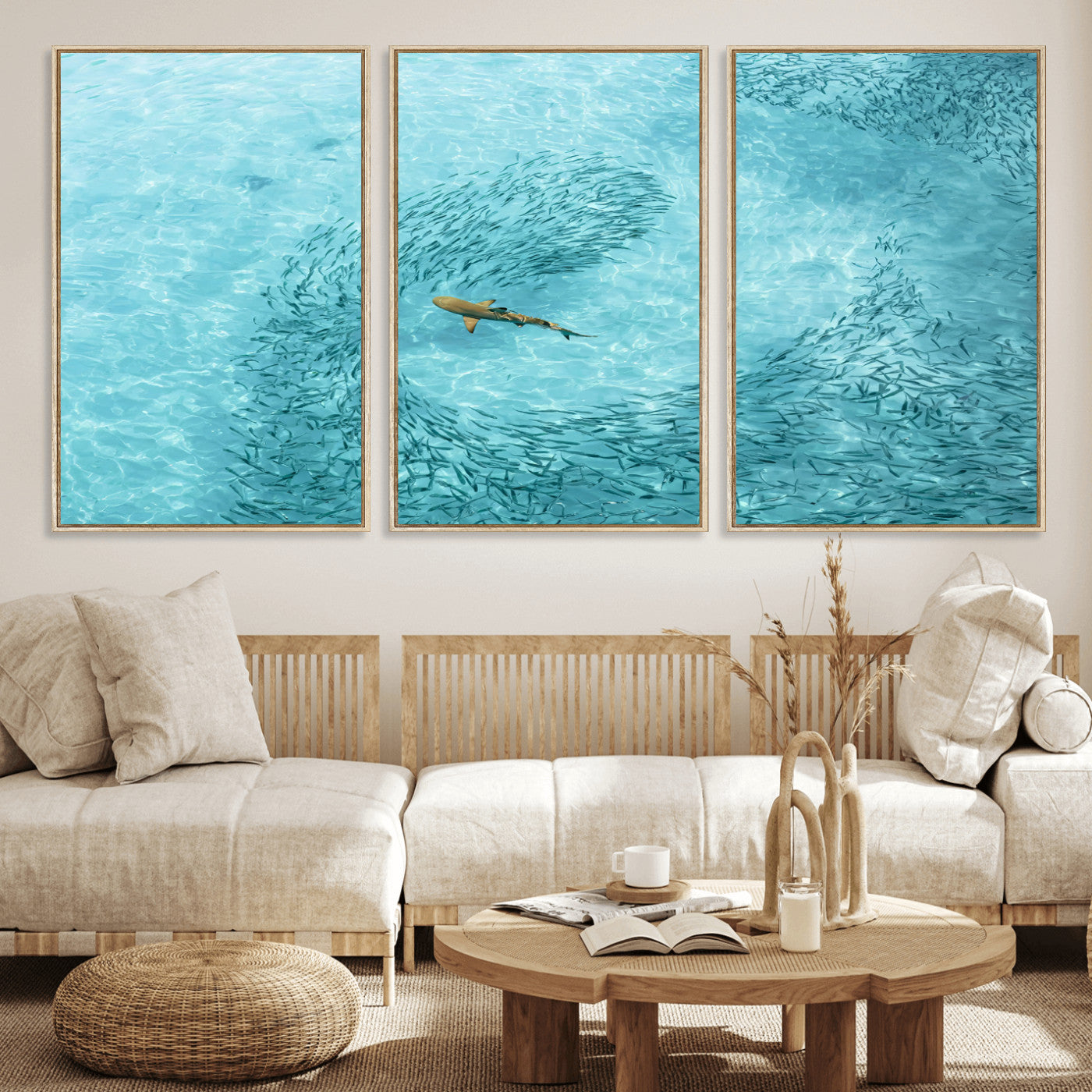 43671474-MGV-CV-36X24-Fish Swarm Wall Art Canvas Print, Framed Marine Life Art Picture Print, Shark Aerial Perfect Wildlife Coastal Decor Artwork