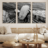 32353707-MGV-CV-36X24-Black White Surfing Wall Art Canvas Print, Framed Coastal Surfing Art Picture Print, Wave Riders Perfect Coastal Adventure Decor