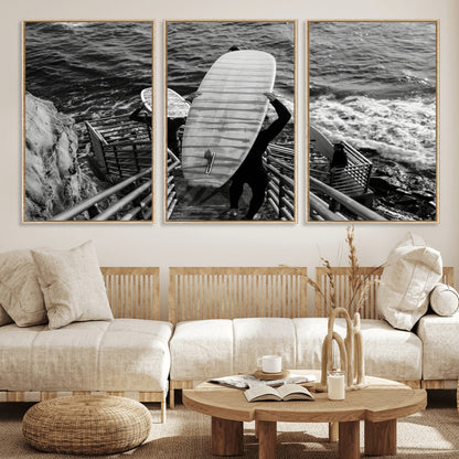 32353707-MGV-CV-36X24-Black White Surfing Wall Art Canvas Print, Framed Coastal Surfing Art Picture Print, Wave Riders Perfect Coastal Adventure Decor