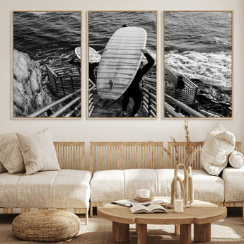 32353707-MGV-FC-60X30-3P_Natural-Black White Surfing Wall Art Canvas Print, Framed Coastal Surfing Art Picture Print, Wave Riders Perfect Coastal Adventure Decor
