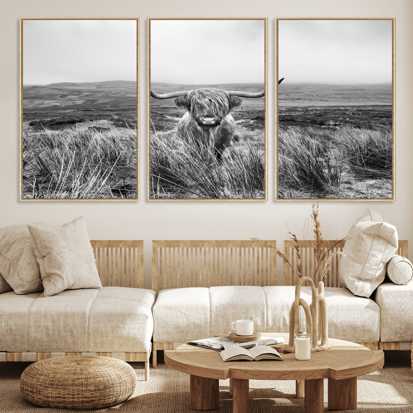 24051061-MGV-FC-60X30-3P_Natural-Monochrome Highland Cow Wall Art Canvas Print, Framed Scottish Bull Art Picture Print, Lone Cattle Perfect Rustic Farmhouse Decor