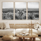 24051061-MGV-FC-60X30-3P_Natural-Monochrome Highland Cow Wall Art Canvas Print, Framed Scottish Bull Art Picture Print, Lone Cattle Perfect Rustic Farmhouse Decor