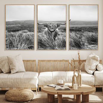 24051061-MGV-FC-60X30-3P_Natural-Monochrome Highland Cow Wall Art Canvas Print, Framed Scottish Bull Art Picture Print, Lone Cattle Perfect Rustic Farmhouse Decor