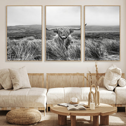 24051061-MGV-FC-60X30-3P_Natural-Monochrome Highland Cow Wall Art Canvas Print, Framed Scottish Bull Art Picture Print, Lone Cattle Perfect Rustic Farmhouse Decor