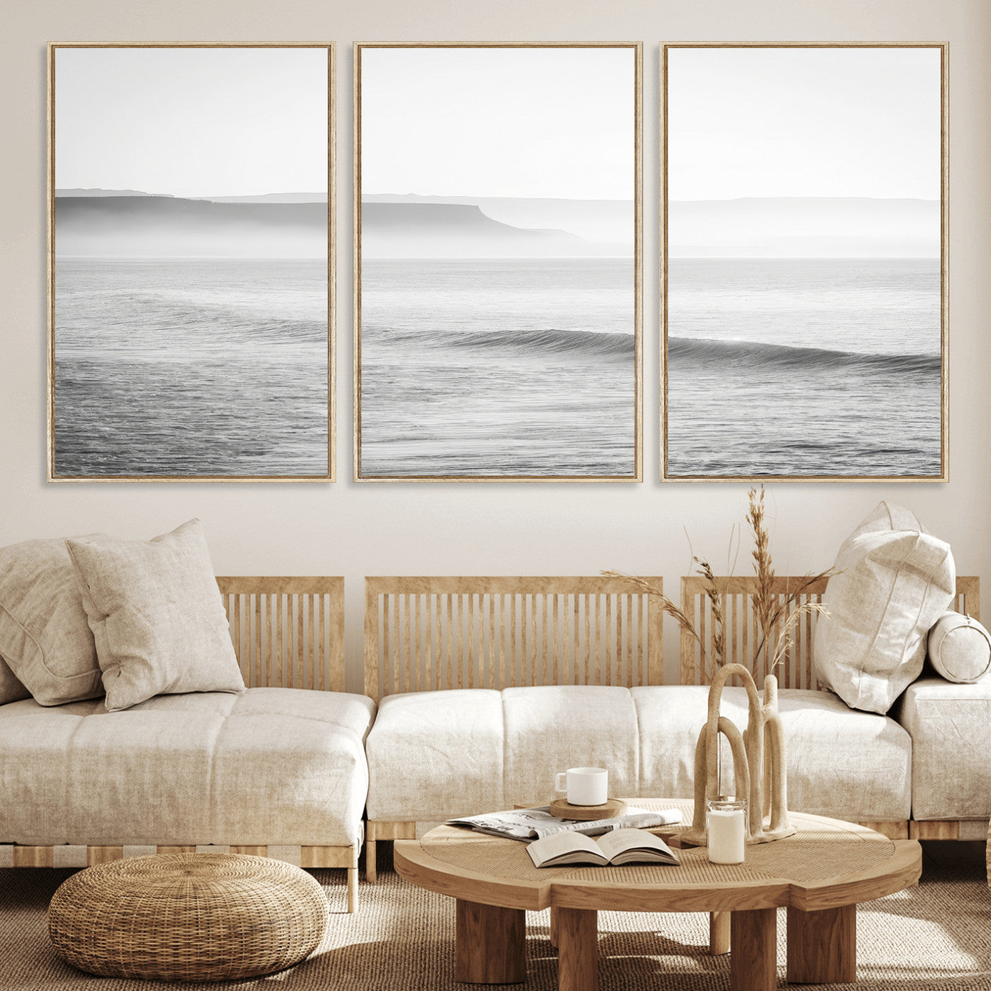 60635783-MGV-CV-36X24-Black White Seascape Wall Art Canvas Print, Framed Ocean Waves Art Picture Print, Misty Coastal Perfect Minimalist Coastal Decor