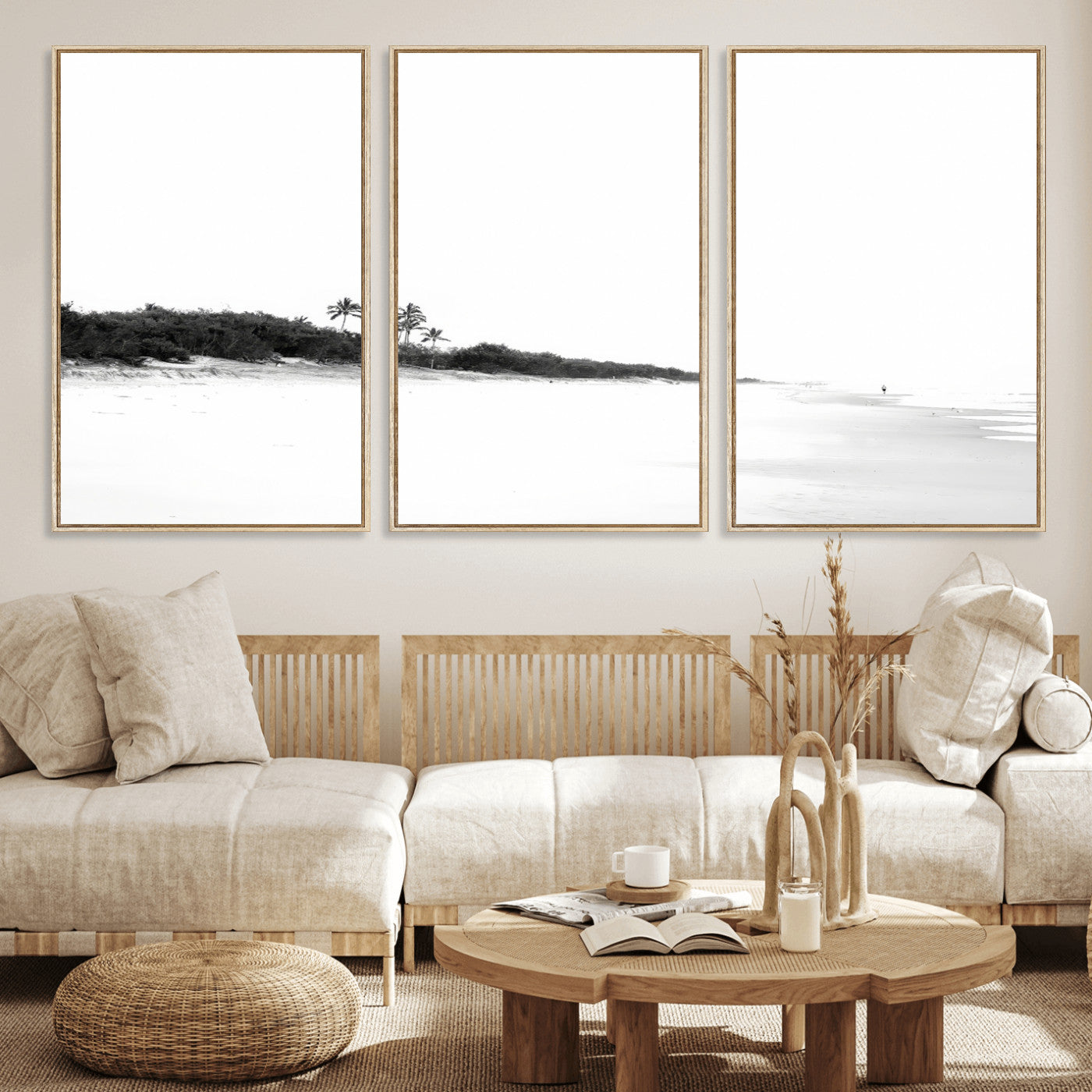 29611516-MGV-CV-36X24-Black White Beach Wall Art Canvas Print, Framed Palm Trees Art Picture Print, Monochrome Tropical Perfect Minimalist Coastal Decor