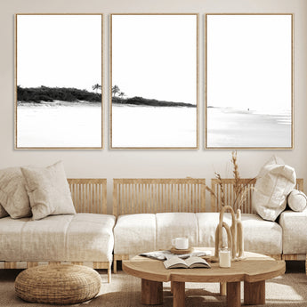 29611516-MGV-FC-60X30-3P_Natural-Black White Beach Wall Art Canvas Print, Framed Palm Trees Art Picture Print, Monochrome Tropical Perfect Minimalist Coastal Decor