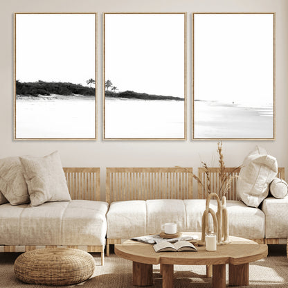 29611516-MGV-FC-60X30-3P_Natural-Black White Beach Wall Art Canvas Print, Framed Palm Trees Art Picture Print, Monochrome Tropical Perfect Minimalist Coastal Decor