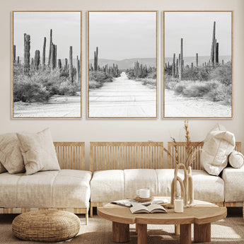 35537313-MGV-CV-36X24-Monochrome Desert Wall Art Canvas Print, Framed Cactus Path Art Picture Print, Southwestern Landscape Perfect Southwestern