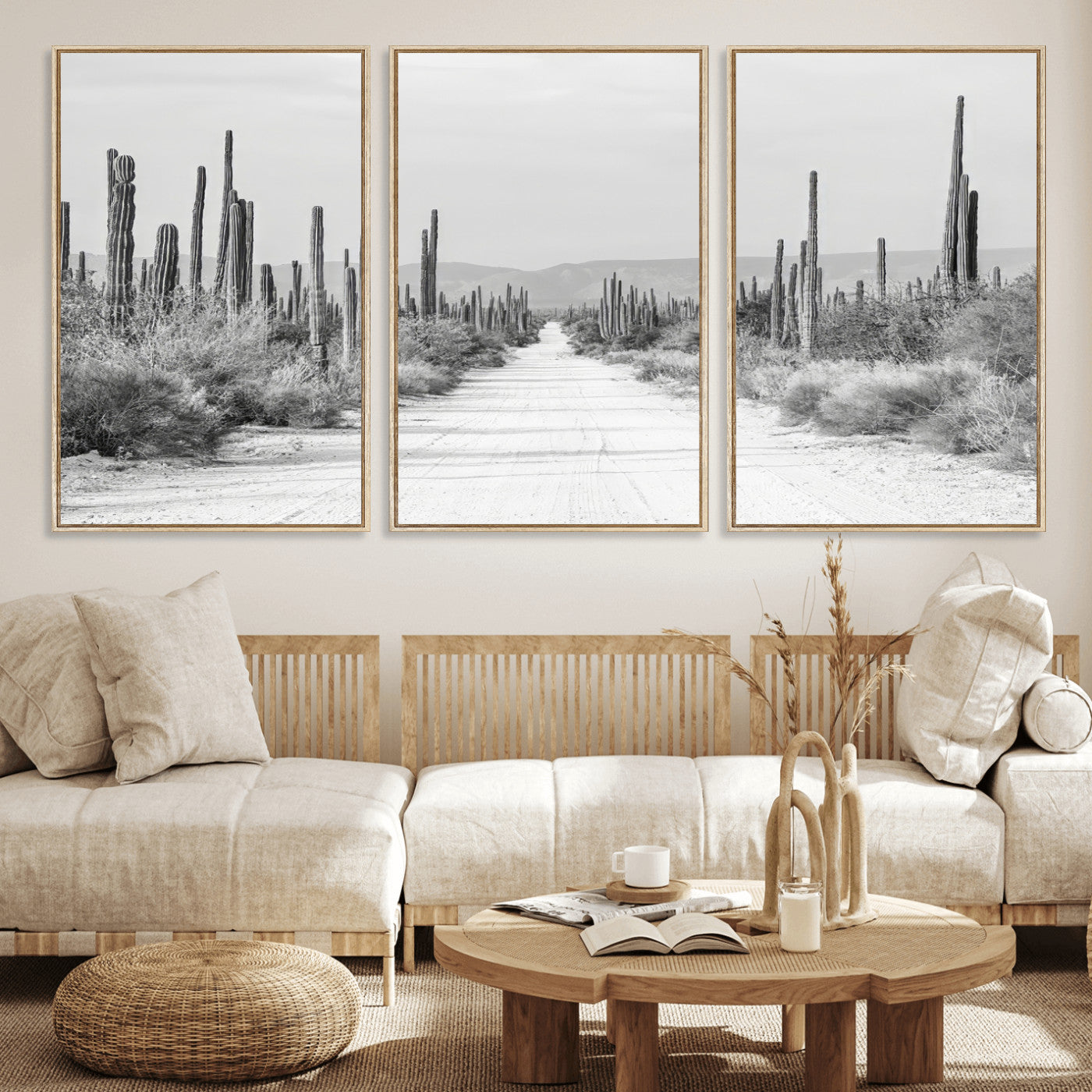 35537313-MGV-FC-60X30-3P_Natural-Monochrome Desert Wall Art Canvas Print, Framed Cactus Path Art Picture Print, Southwestern Landscape Perfect Southwestern