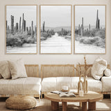 35537313-MGV-FC-60X30-3P_Natural-Monochrome Desert Wall Art Canvas Print, Framed Cactus Path Art Picture Print, Southwestern Landscape Perfect Southwestern