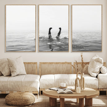 26667396-MGV-FC-60X30-3P_Natural-Black White Ocean Wall Art Canvas Print, Framed Monochrome Water Art Picture Print, Diving into Water Perfect Minimalist Aquatic