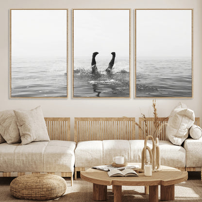 26667396-MGV-FC-60X30-3P_Natural-Black White Ocean Wall Art Canvas Print, Framed Monochrome Water Art Picture Print, Diving into Water Perfect Minimalist Aquatic
