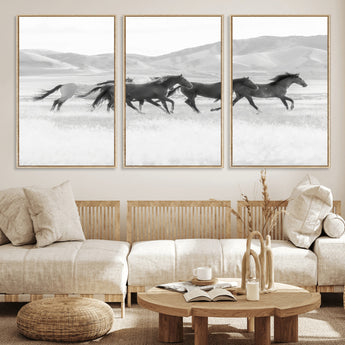 69934913-MGV-CV-36X24-Wild Horses Running Wall Art Canvas Print, Framed Black White Mustangs Art Picture Print, Rustic Western Perfect Rustic Western