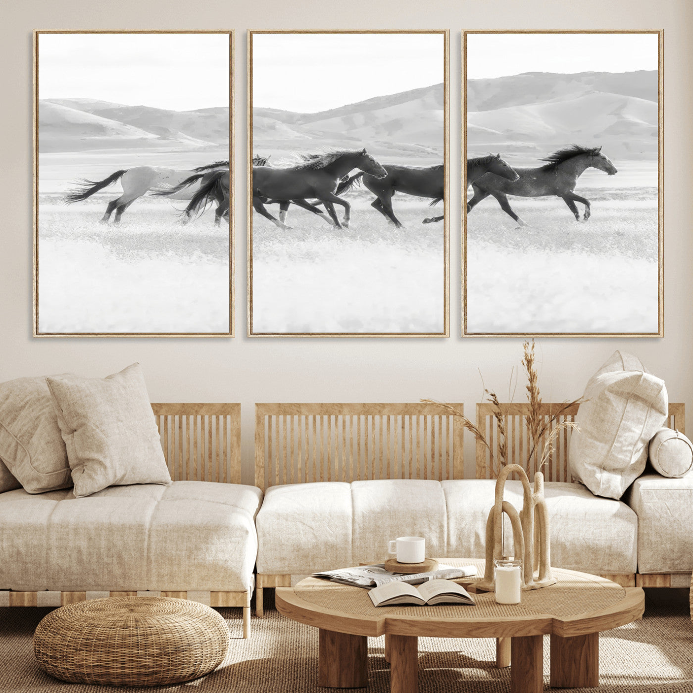 69934913-MGV-FC-60X30-3P_Natural-Wild Horses Running Wall Art Canvas Print, Framed Black White Mustangs Art Picture Print, Rustic Western Perfect Rustic Western