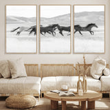 69934913-MGV-FC-60X30-3P_Natural-Wild Horses Running Wall Art Canvas Print, Framed Black White Mustangs Art Picture Print, Rustic Western Perfect Rustic Western