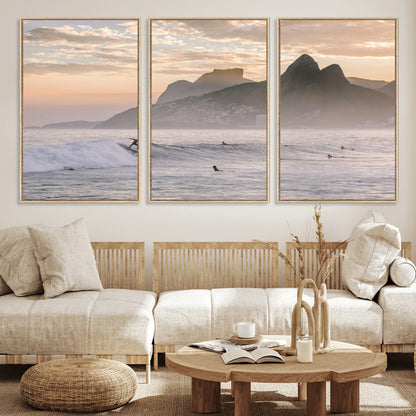70644906-MGV-CV-36X24-Sunset Surfing Wall Art Canvas Print, Framed Misty Mountains Art Picture Print, Surfer Riding Wave Perfect Coastal Adventure Decor