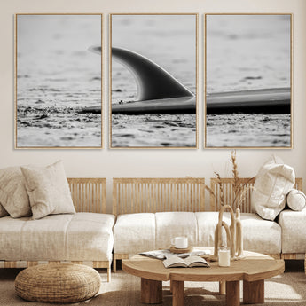 62314230-MGV-FC-60X30-3P_Natural-Black White Surfboard Wall Art Canvas Print, Framed Minimalist Beach Art Picture Print, Surf Fin Perfect Minimalist Coastal Decor