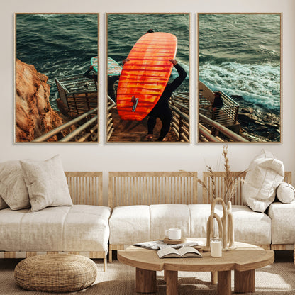 84555848-MGV-CV-36X24-Surfer Stairway Wall Art Canvas Print, Framed Ocean Surf Art Picture Print, Sunset Coastal Perfect Coastal Adventure Decor Artwork