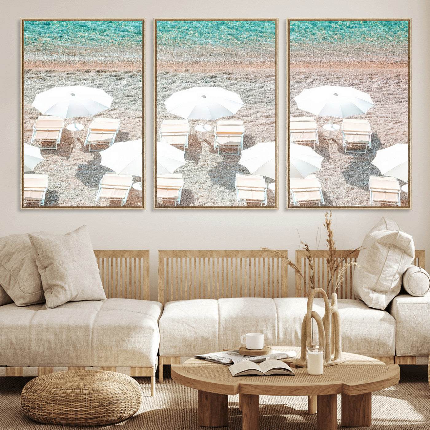 83736167-MGV-CV-36X24-Calm Beach Wall Art Canvas Print, Framed Turquoise Water Art Picture Print, Umbrella Shoreline Perfect Coastal Minimalist Decor