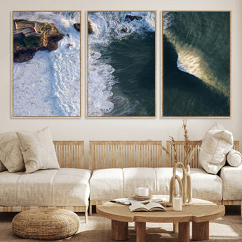 37405684-MGV-FC-60X30-3P_Natural-Nazaré Coast Wall Art Canvas Print, Framed Aerial Ocean Art Picture Print, Coastal Fortress Perfect Dramatic Coastal Decor Artwork