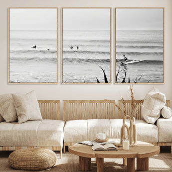 33821421-MGV-CV-36X24-Surfer Silhouette Wall Art Canvas Print, Framed Calm Ocean Art Picture Print, Monochrome Surf Perfect Minimalist Coastal Decor