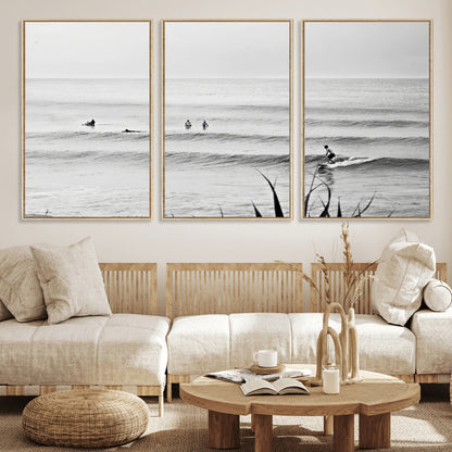 33821421-MGV-CV-36X24-Surfer Silhouette Wall Art Canvas Print, Framed Calm Ocean Art Picture Print, Monochrome Surf Perfect Minimalist Coastal Decor