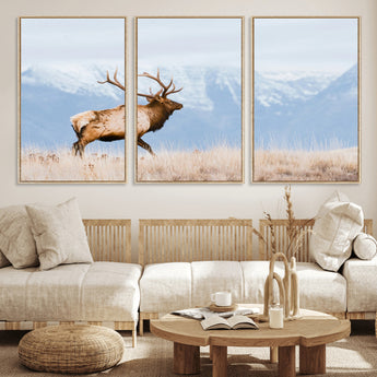 96024025-MGV-FC-60X30-3P_Natural-Elk Photography Wall Art Canvas Print, Framed Mountain Wildlife Art Picture Print, Rustic Lodge Decor Perfect Rustic Lodge Decor