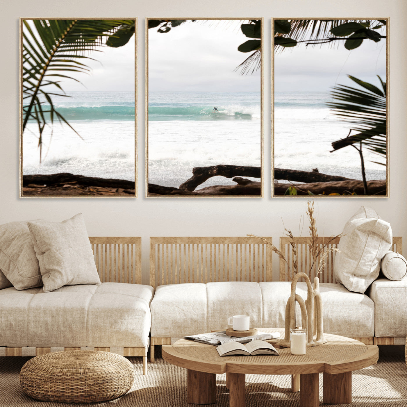 50382104-MGV-FC-60X30-3P_Natural-Tropical Surf Wall Art Canvas Print, Framed Palm Tree View Art Picture Print, Beach House Art Perfect Boho Coastal Decor Artwork