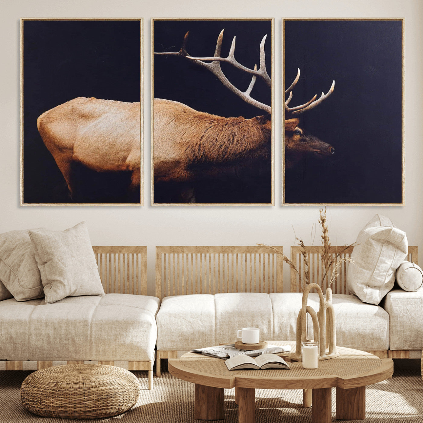 91871131-MGV-FC-60X30-3P_Natural-Rustic Elk Art Wall Art Canvas Print, Framed Moody Wildlife Decor Art Picture Print, Western Animal Print Perfect Western Lodge
