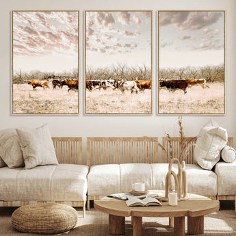 64892775-MGV-FC-60X30-3P_Natural-Longhorn Cattle Wall Art Canvas Print, Framed Texas Ranch Art Picture Print, Western Cow Perfect Western Decor Artwork