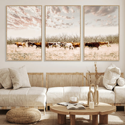 64892775-MGV-FC-60X30-3P_Natural-Longhorn Cattle Wall Art Canvas Print, Framed Texas Ranch Art Picture Print, Western Cow Perfect Western Decor Artwork
