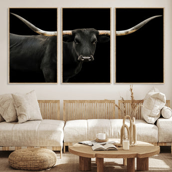 99448328-MGV-FC-60X30-3P_Natural-Longhorn Cattle Wall Art Canvas Print, Framed Texas Ranch Art Picture Print, Western Cow Perfect Farmhouse Decor Artwork