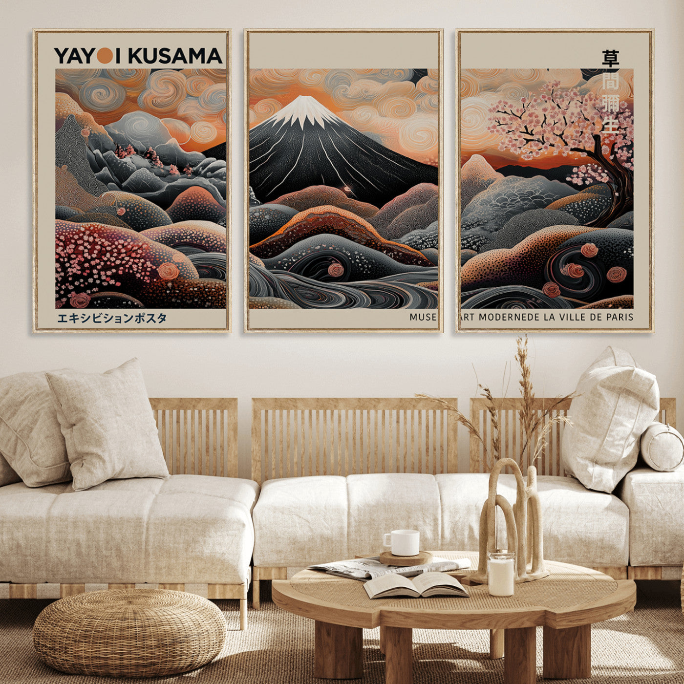 55739266-MGV-FC-60X30-3P_Natural-Japanese Wall Art Print – Abstract Yayoi Kusama Inspired Dotted Landscape Poster, Surreal Oriental Mountain and Cherry Blossom