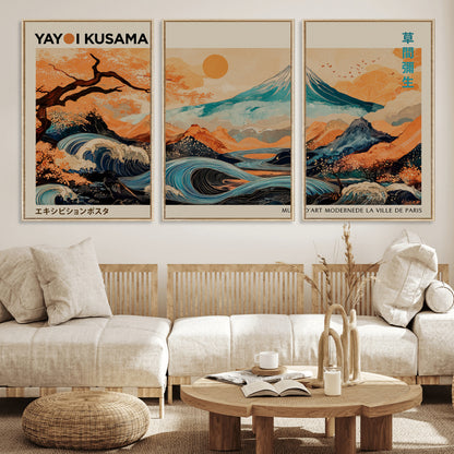 22373530-MGV-FC-60X30-3P_Natural-Japanese Mt Fuji Wave Art Print – Ukiyo e Inspired Sun & Cherry Blossom Poster, Traditional Asian Landscape Painting, Modern