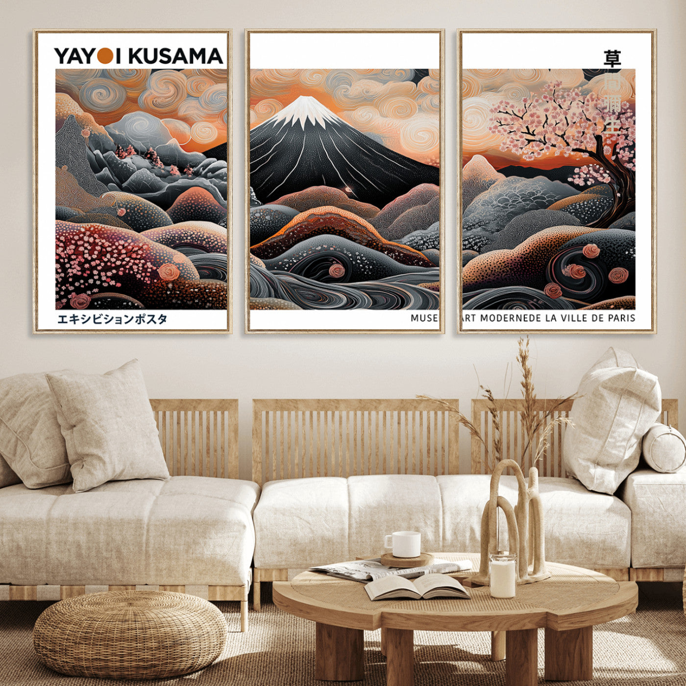 63125329-MGV-FC-60X30-3P_Natural-Japanese Mt Fuji Wall Art – Surreal Ukiyo e Style Cherry Blossom Poster, Swirling Cloud Landscape Print, Modern Oriental Asian