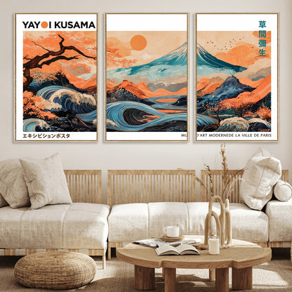 88785870-MGV-FC-60X30-3P_Natural-Japanese Great Wave & Mt Fuji Wall Art – Ukiyo e Style Landscape Print with Flowing River, Autumn Mountain Poster, Oriental Asian