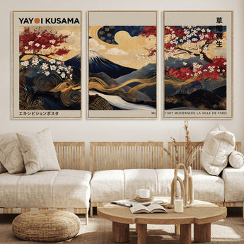 54967195-MGV-FC-60X30-3P_Natural-Mount Fuji Wall Art – Japanese Cherry Blossom Abstract Canvas Print, Navy Gold Landscape Painting, Oriental Luxury Home Decor