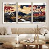 66243961-MGV-FC-60X30-3P_Natural-Mount Fuji Japanese Wall Art – Golden Abstract Landscape Canvas Print, Cherry Blossom Painting, Modern Oriental Zen Home Decor