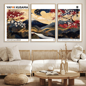 66243961-MGV-FC-60X30-3P_Natural-Mount Fuji Japanese Wall Art – Golden Abstract Landscape Canvas Print, Cherry Blossom Painting, Modern Oriental Zen Home Decor